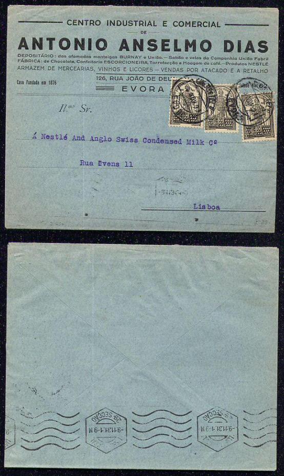 1931 - Carta de Évora para Lisboa. Com 3 selos D. Nuno Álvares Pereira 15c, Afinsa n.º 537.