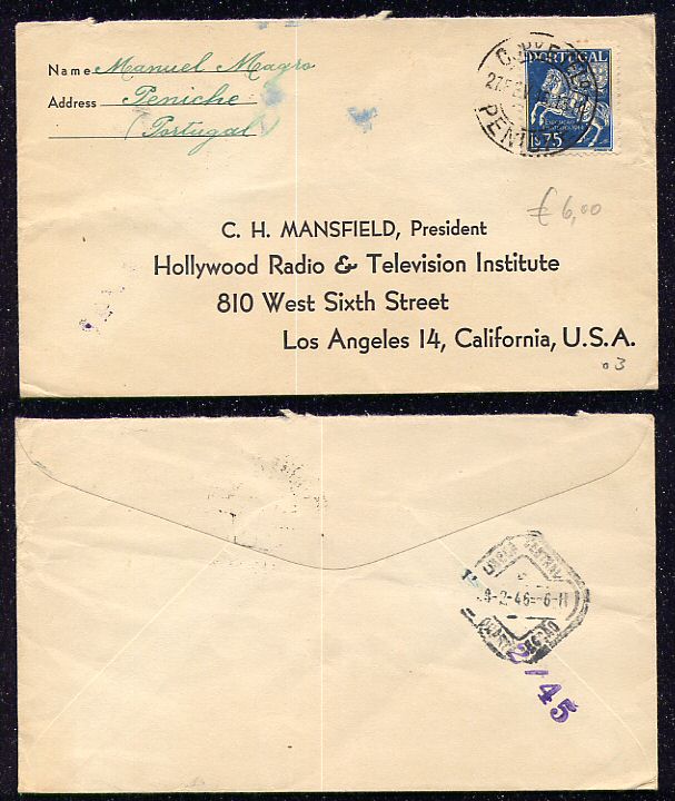 1946 - Carta de Peniche para os EUA. Com selo da 3ª Exp. Filatélica, 1$75 (Afinsa 639).