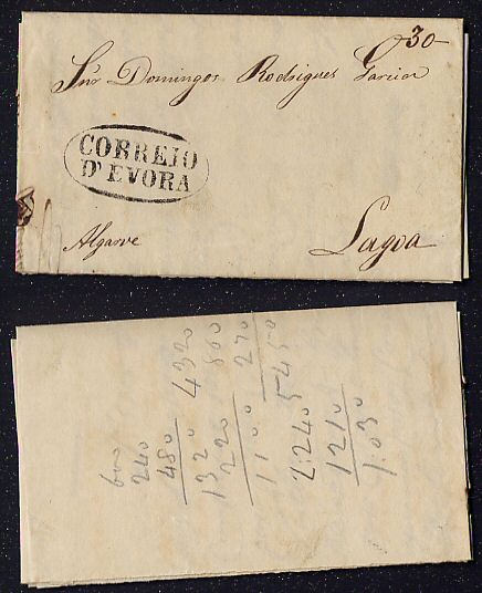 Évora - Carta de 1848 de Évora para Lagoa. EVR4. Marca a preto.