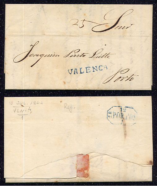 Valença - Carta de 1844 de Valença para Porto. VLN3. Marca a azul.