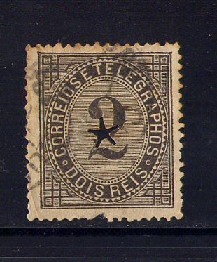 1884 - MARCA TELEGRÁFICA sobre Afinsa nº 59. Taxa de Telegramas, 2 reis, usado. Denteado 13 1/2. Selo com defeito.