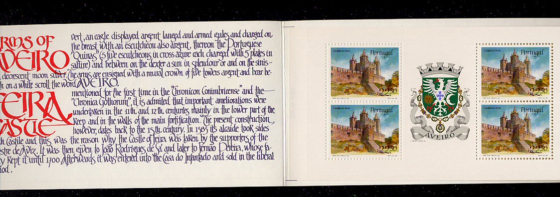 1986 - Caderneta Afinsa nº 41 - 1750. Castelo da Feira - Brasão de Aveiro. Bloco de 4 selos novos sem charneira. Em boas condições.