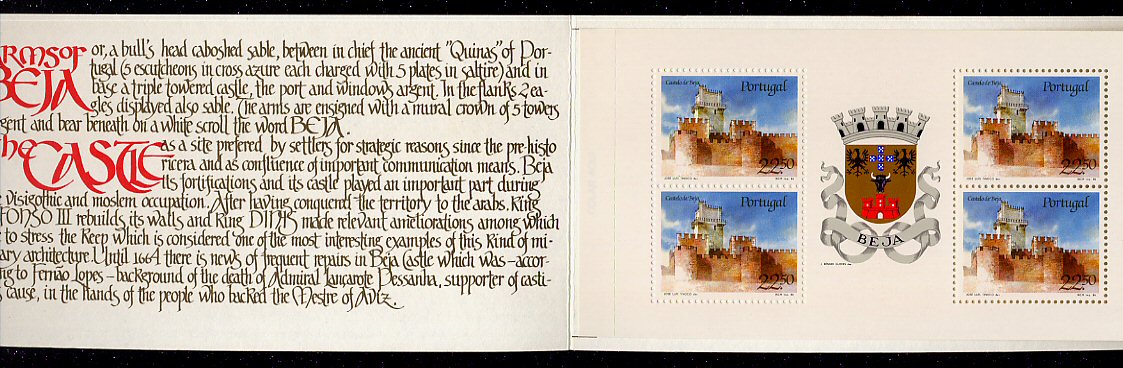 1986 - Caderneta Afinsa nº 42 - 1751. Castelo e Brasão de Beja. Bloco de 4 selos novos sem charneira. Em boas condições.