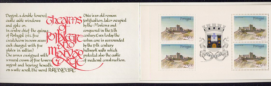 1987 - Caderneta Afinsa nº 55 - 1817. Castelo de Marvão e Brasão de Portalegre. Bloco de 4 selos novos sem charneira. Em boas condições.