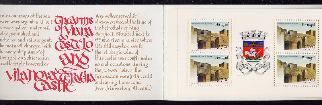 1988 - Caderneta Afinsa nº 61 - 1837. BAIXO CUSTO. Castelo de V.N. de Cerveira e Brasão de Viana do Castelo. Bloco de 4 selos novos sem charneira. Em boas condições.
