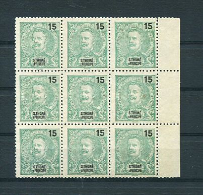 1903 - Afinsa nº 87. D. Carlos I. Selos de 15r EM BLOCO DE 9. Novos sem goma. Em boas condições.