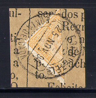 1892 - Afinsa nº 1. D. Carlos I. Selo de 5 reis usado, BIPARTIDO sobre fragmento, parte inferior do selo.