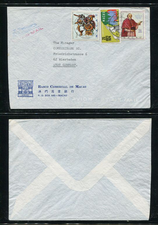 1977 - Carta de Macau para a Alemanha. Selos de 5a, 50a e 1P. Em boas condições.