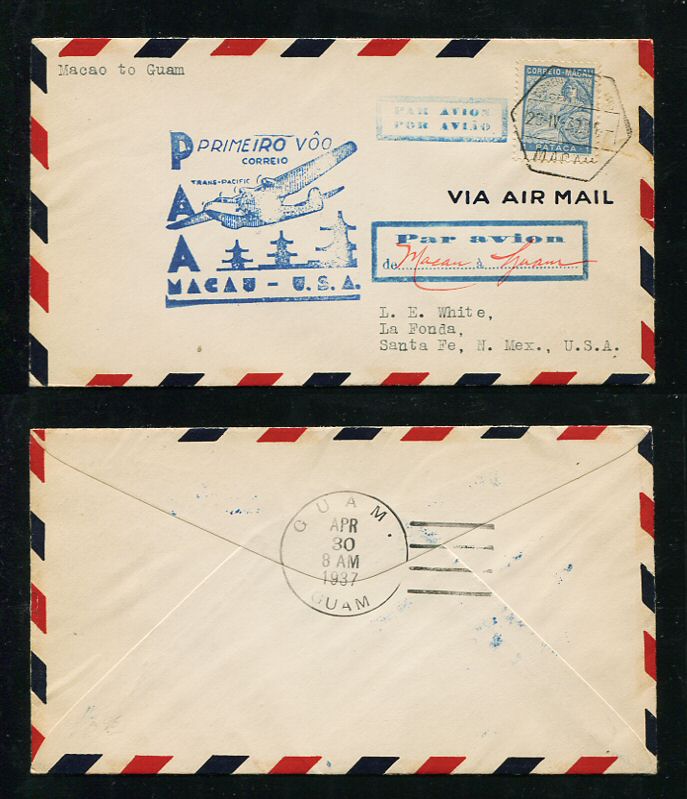 1937 - Carta para os E.U.A. PRIMEIRO VÔO MACAU-USA. Selo de 1P. Carimbo de chegada no verso. Em boas condições.