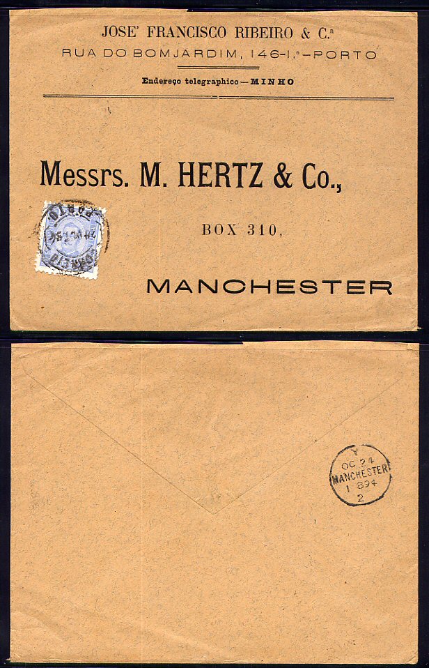1894 - Carta do Porto para Manchester. Com selo D. Carlos I 50 reis. Afinsa n. 71.
