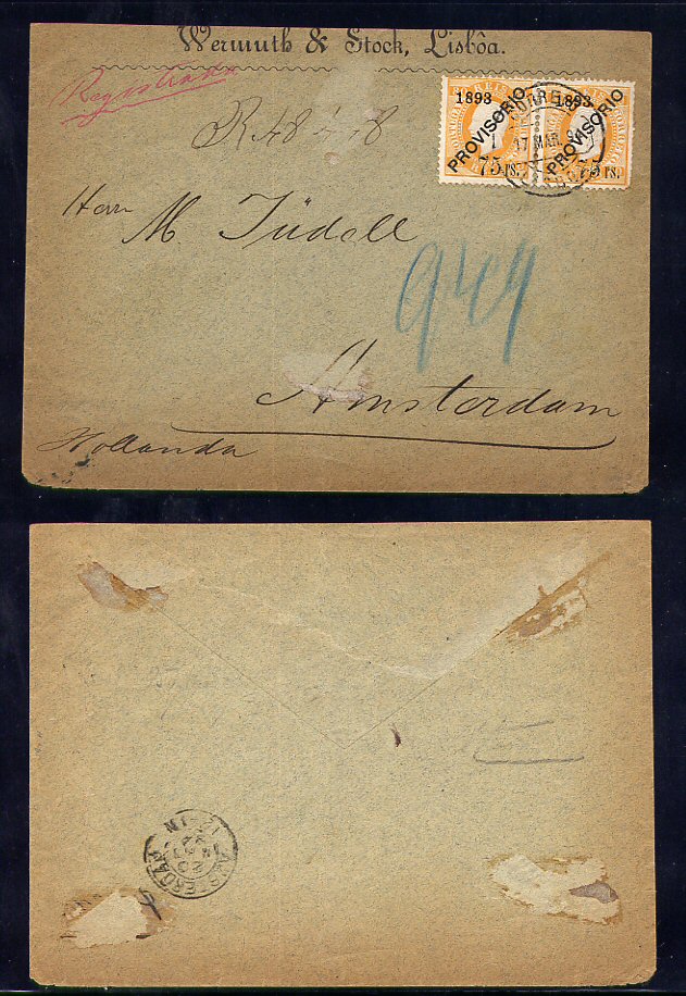 1894 - Carta registada de Lisboa para Amesterdão, Holanda. Selos D. Luis I - Provisorio - de 75s/80r, Afinsa n.º 97.
