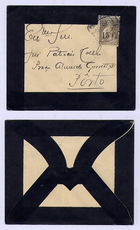 1928? - Carta de Luto circulada no Porto. Selo Ceres sobrecarregado 15c s/ 20c, cinzento. Afinsa n. 461.