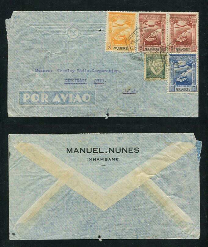 1946 - Carta de Moçambique para os E.U.A. Selos de 50c, 5E(2), 30c e 1E. Em boas condições.