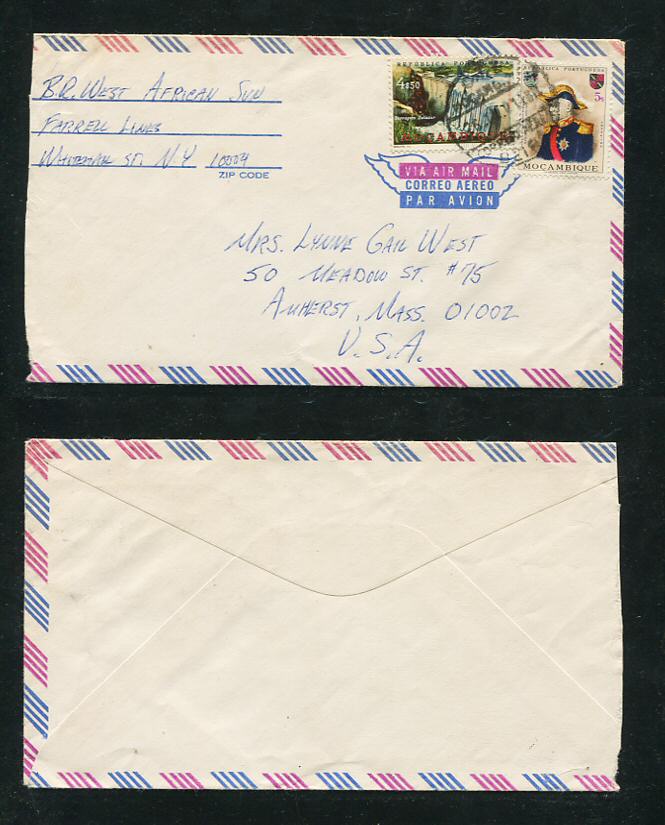 1971 - Carta de Moçambique para os E.U.A. . Selos de 4$50 e 5$00. Em boas condições.