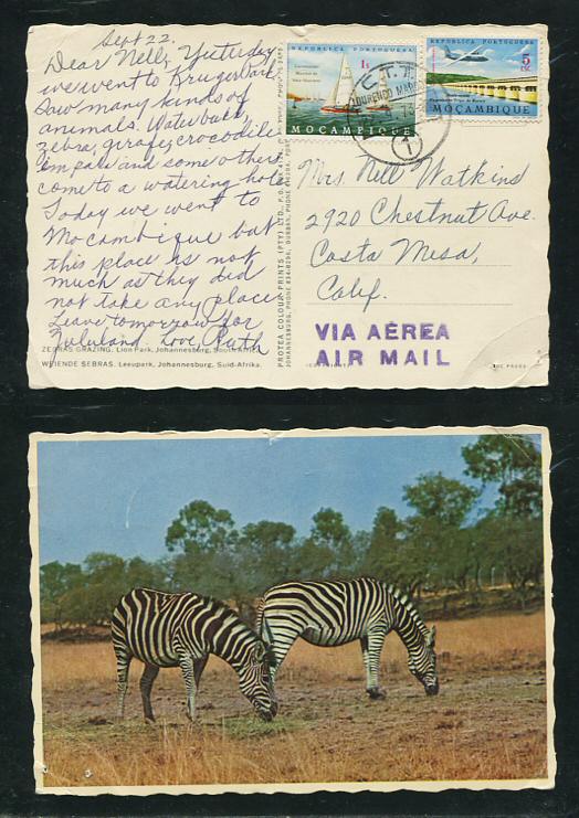 1973 - Postal circulado de Moçambique para os E.U.A.. Selos de 1$00 e 5$00. O postal apresenta pequenos/ligeiros vincos e também um pequeno rasgo.