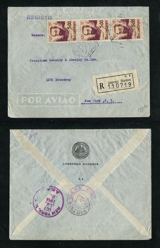 1948 - Carta registada de Moçambique para os E.U.A.. Selos de 5$00 (3). Carimbo de chegada no verso. Em boas condições.