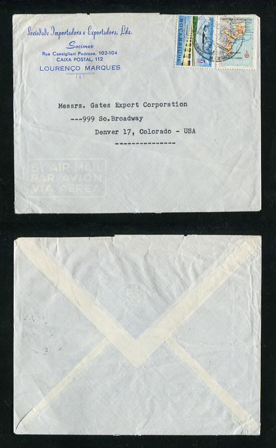 1963 - Carta de Moçambique para os E.U.A.. Selos de 5$00 e 1$00. Em boas condições.