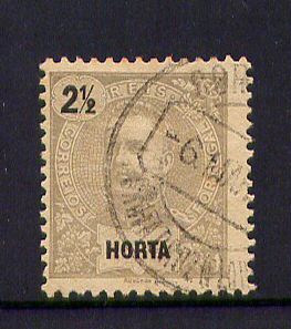Santa Cruz (Flores) - Carimbo circular datado sobre D. Carlos 2 1/2 reis - Horta. Afinsa nº 13. Em boas condições.