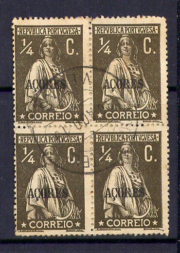 Velas - Carimbo circular datado sobre quadra de selos Ceres 1/4c - Açores. Afinsa nº 149. Com restos de papel no verso.