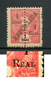 1911 - Afinsa nº 241. D. Carlos I com sobretaxa. Selo de 1r/1t novo com charneira (*) e goma original. Sobrecarga ''REAL'' do lado direito com ''A'' MAIOR. NÃO CATALOGADO. Em boas condições.