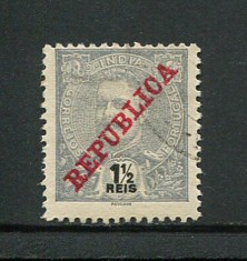 1911 - Afinsa nº 201. D. Carlos I com sobrecarga REPUBLICA. Selo de 1 1/2r usado. ARDÓSIA. Em boas condições.