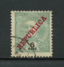 1911 - Afinsa nº 206. D. Carlos I com sobrecarga REPUBLICA. Selo de 6r usado. VERDE. Em boas condições.