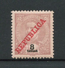 1911 - Afinsa nº 212. D. Carlos I com sobrecarga REPUBLICA. Selo de 8T novo com charneira (*) e goma original. LILÁS. Em boas condições.
