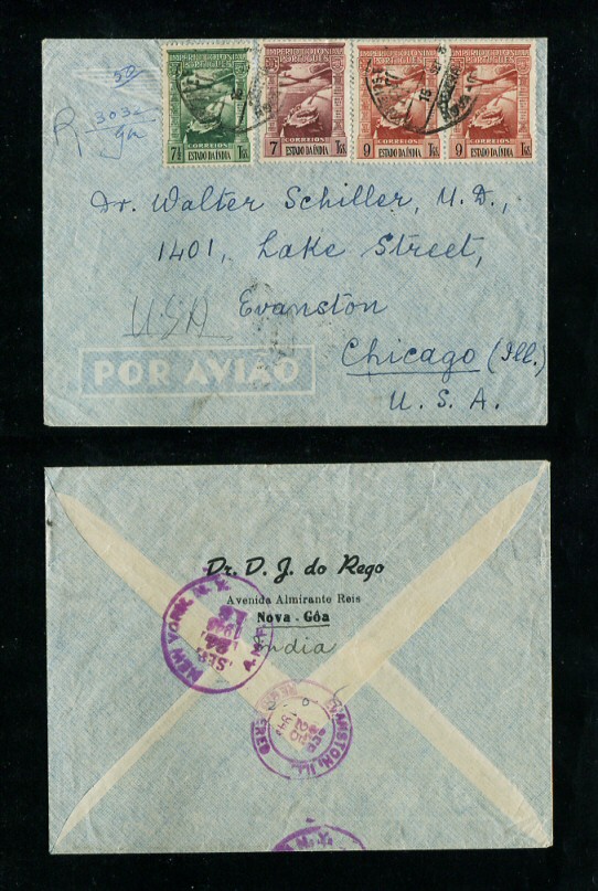 1948 - Carta registada da India para EUA. Selos de CORREIO AÉREO 7 1/2T, 7T e 9T (2). Carimbo de chegada no verso. Em boas condições.