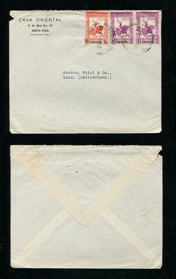 1938 - Carta da India para a Suiça. Selos de 1T (2) e 1 1/2T. Em boas condições.