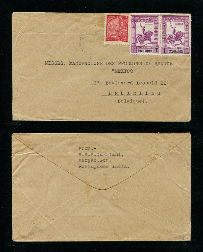 1938? - Carta da India para a Bélgica. Selos de 1T (2) e 1 1/2T. Em boas condições.
