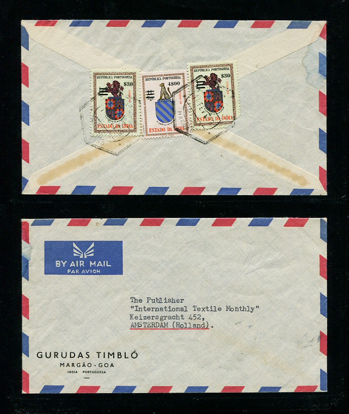 1959 - Carta da India para a Holanda. Selos de $30/1T (2) e 4$00/11T. Em boas condições.