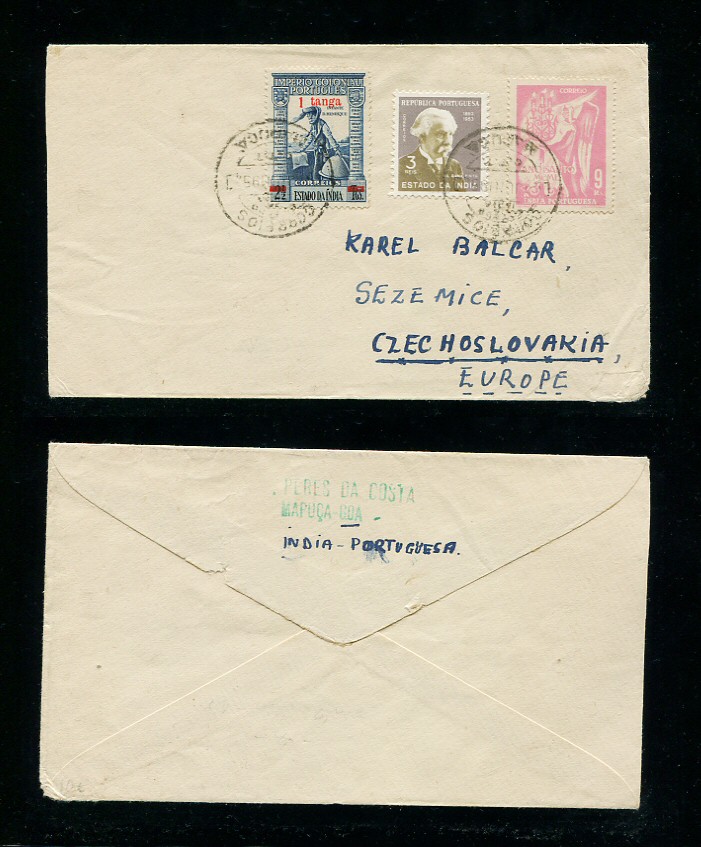 1954 - Carta da India para a Checoslováquia. Selos de 1T/2 1/2T, 3r e 9r. Em boas condições.