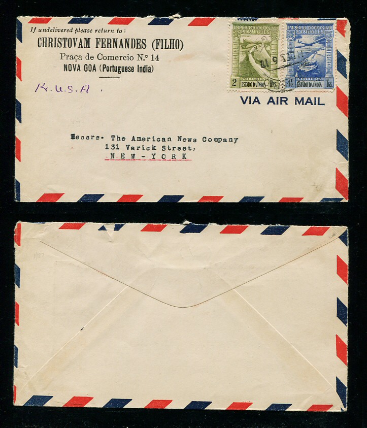 1946 - Carta da India para os EUA. Selos de 2R e 4 1/2T (CORREIO AÉREO). Em boas condições.