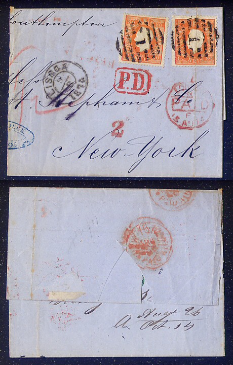 1874 - Capa de carta de Lisboa para Nova Iorque, EUA. Selos D. Luis I, fita direita 80 reis, um em DENTEADO 14. Afinsa nº 42.