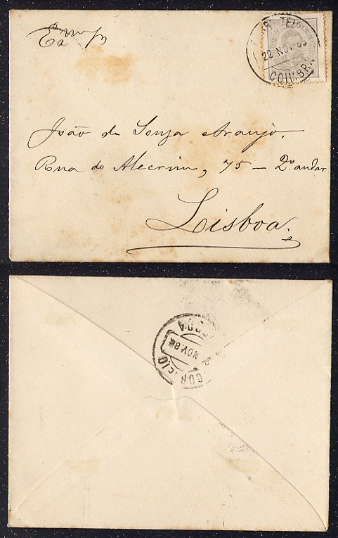 1886 - Carta de Coimbra para Lisboa. Selo de D. Luis I, de frente, 5 reis. Afinsa n. 56. Dent. 13 1/2.