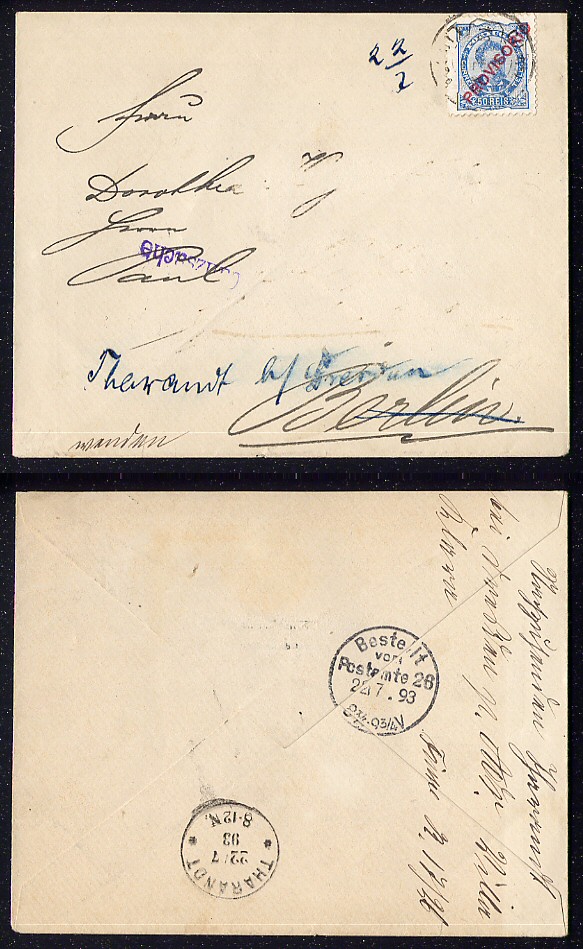 1893 - Carta de Lisboa para Alemanha. Selo de D. Luis I, Provisório, 50 reis. Afinsa n. 87.