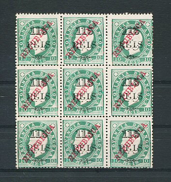 1915 - Afinsa nº 179. D. Luis I com sobrecarga REPUBLICA. Selos de 115r/10r EM BLOCO DE 9. Novos sem goma. Denteado 12 1/2. Em boas condições.