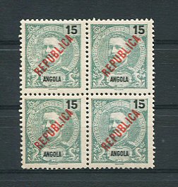 1914 - Afinsa nº 159. D. Carlos I com sobrecarga local REPUBLICA. Selos de 15r EM QUADRA. Novos sem goma. Em boas condições.