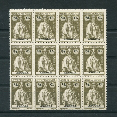 1914 - Afinsa nº 142. Ceres. Selos de 1/4c EM BLOCO DE 12. Novos sem charneira (**) e com goma original. Papel cartolina, denteado 15x14. Em boas condições.