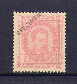 1884 - Afinsa nº 62. Reimpressão de 1905, D. Luis I de Frente, 20 reis. Dent. 13 1/2. COM SPECIMEN oblíquo. Com charneira e goma original. Em boas condições.