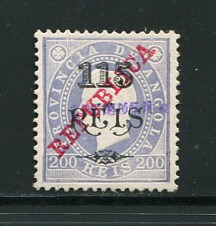 1915 - Afinsa nº 180. D. Luis I com sobrecarga REPUBLICA. Selo de 115r/200r novo sem goma. Com sobrecarga SPECIMEN a violeta. Em boas condições.