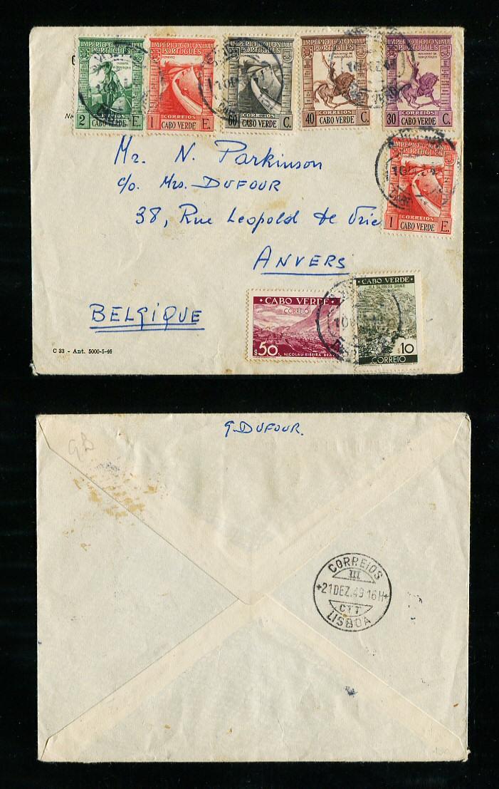 1949 - Carta de S. Vicente para a Bélgica. Selos de 2E, 1E, 60c, 40c, 30c, 1E, 50c e 10c. Carimbo de passagem por Lisboa no verso. Em boas condições.