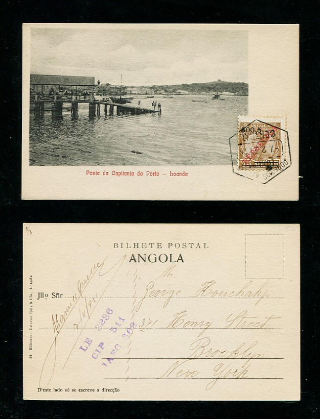 1914 - Postal de Angola (Luanda) circulado para os EUA. Selo de $00,5/75r. Em boas condições.