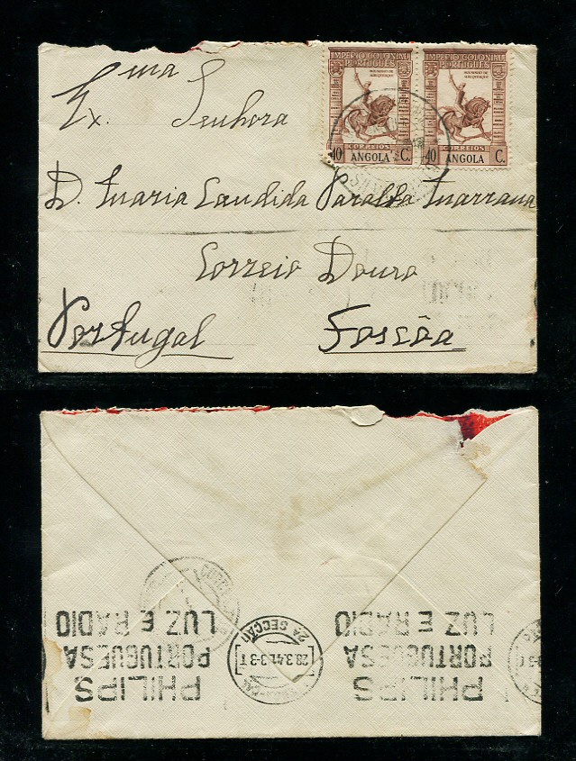 1941 - Carta de Angola para Portugal. Selos de 40c (2). Carimbo de chegada no verso. Em boas condições.