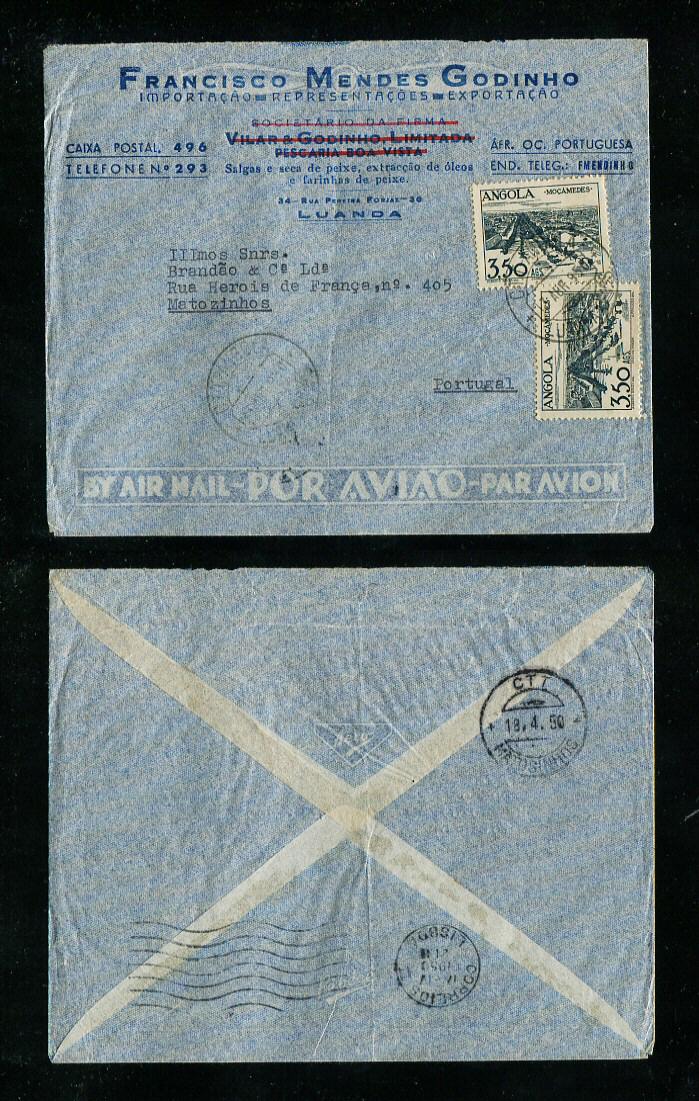 1950 - Carta de Angola para Portugal. Selos de 3,50Ags (2). Carimbo de chegada no verso. Em boas condições.