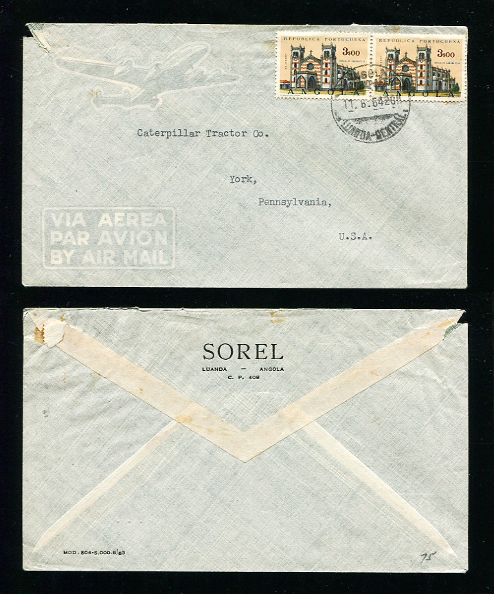 1964 - Carta de Angola para os EUA. Selos de 3$00 (2). Em boas condições.