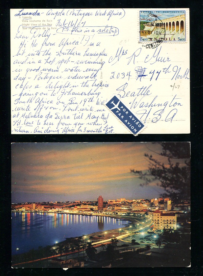 1967 - Postal de Angola circulado para os EUA. Selo de 5$00. Em boas condições.
