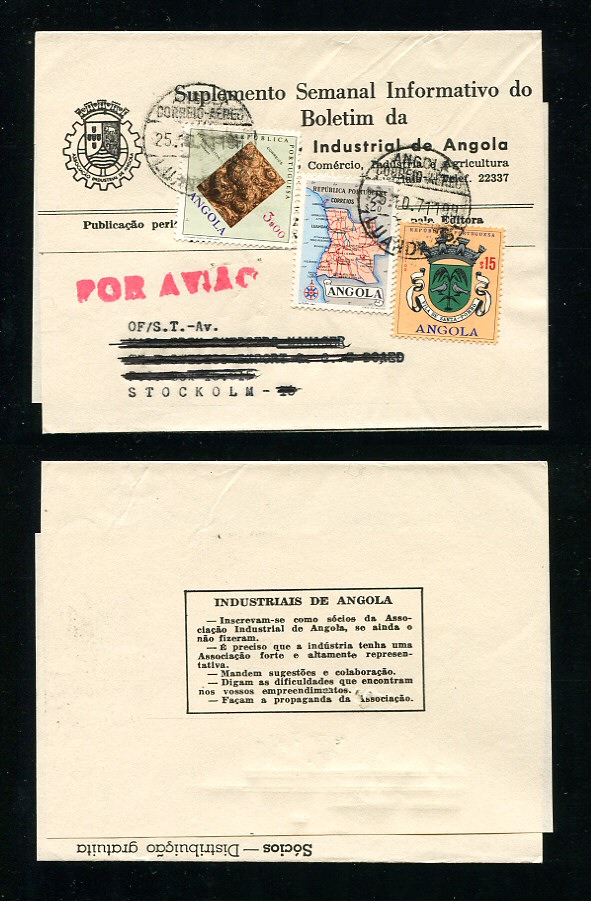 1971 - Cinta de Jornal usada de Angola para a Suécia. Selos de 3$00, 20c e 15c. Em boas condições.