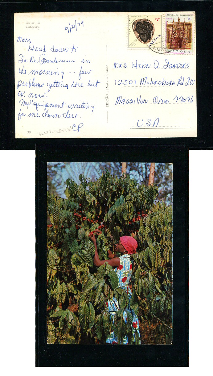 1974 - Postal de Angola circulado para os EUA. Selos de 2$00 e 3$00. Em boas condições.