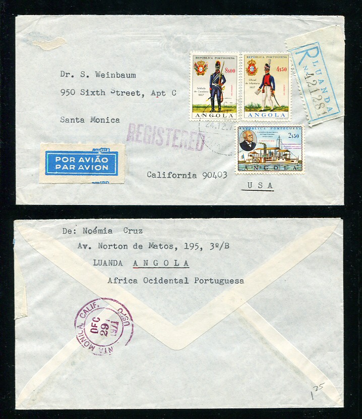 1971 - Carta registada de Angola para os EUA. Selos de 8$00, 4$50 e 2$50. Carimbo de chegada no verso. Em boas condições.